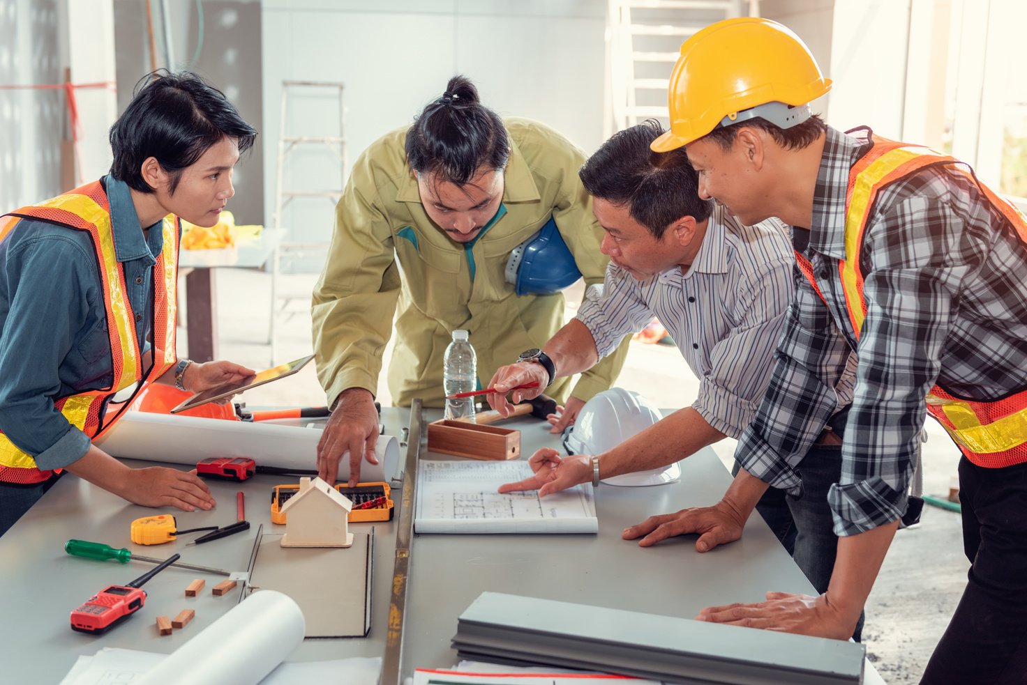 Project management team of engineers and architects planing brainstorming for new project, Business construction concepts